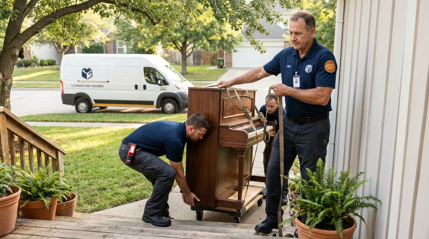 Licensed piano movers securing grand piano in Vivian, LA